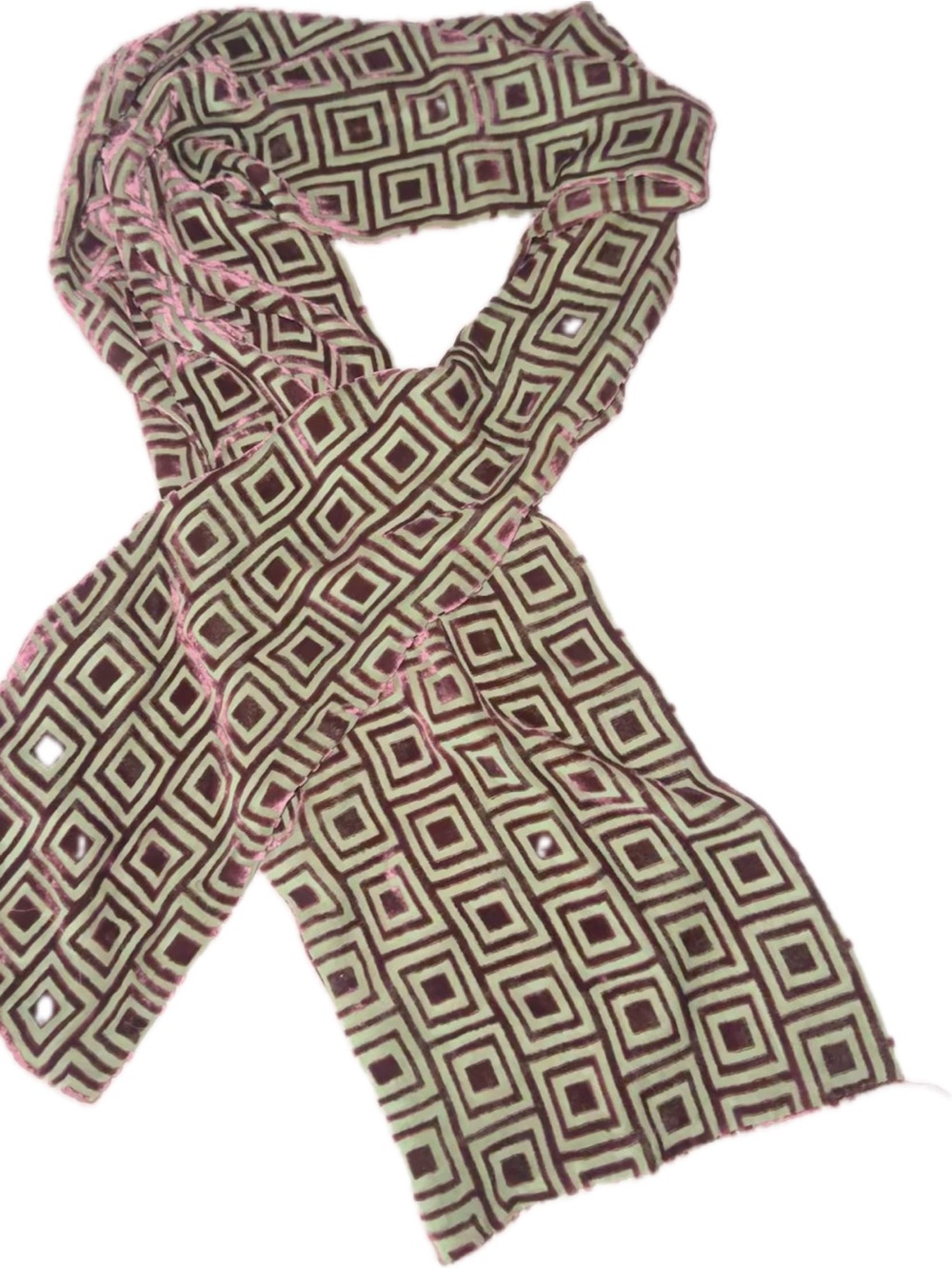 Geometric Pattern Scarf in Olive Green and Light Burgundy Velvet